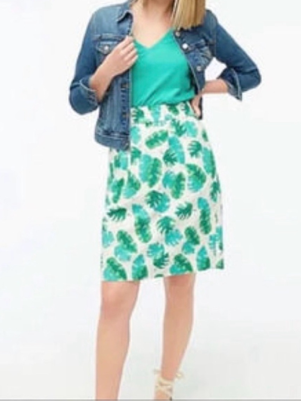J. Crew White Midi Skirt with Green Leaf Print